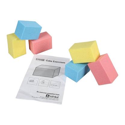 AliMed T-Foam Visco Cube Set includes blue, pink, and yellow foam cubes with an exercise pamphlet for therapeutic use.
