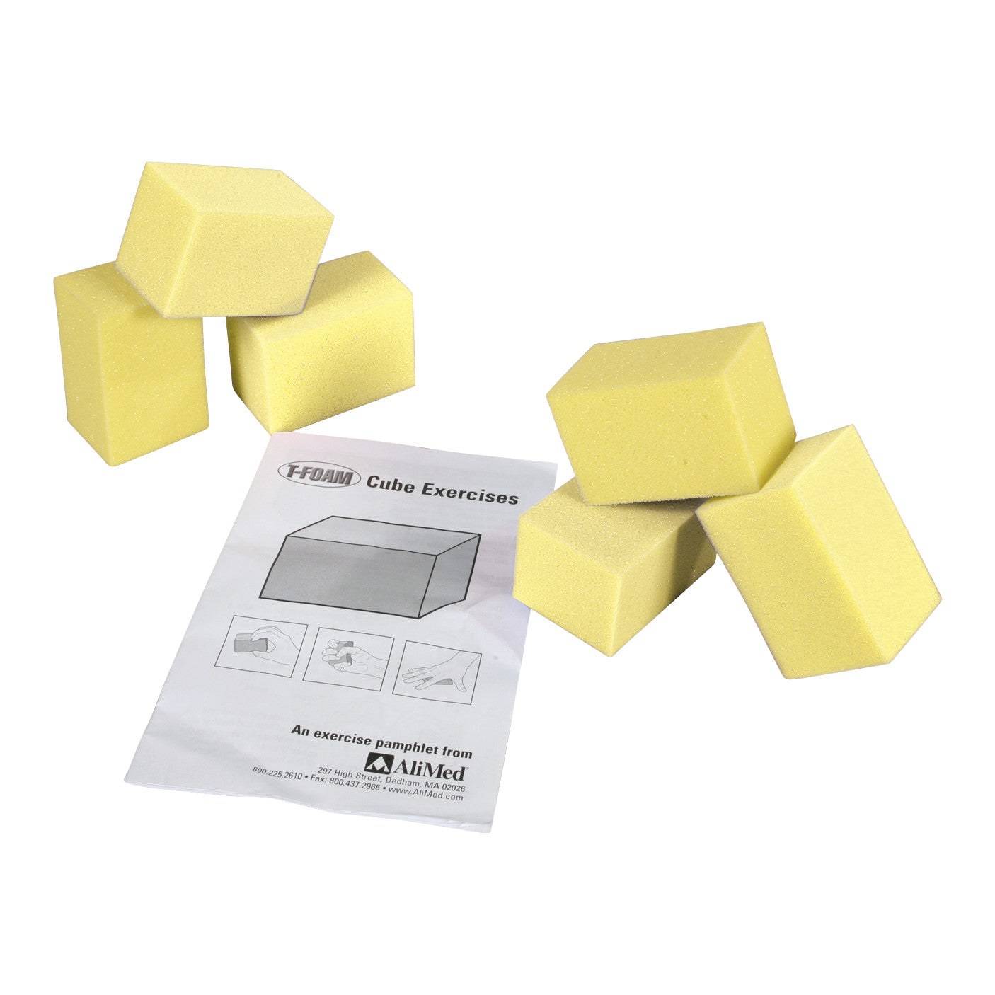 Yellow foam cubes and an exercise pamphlet labeled "AliMed T-Foam Visco Cube," used for hand exercises.