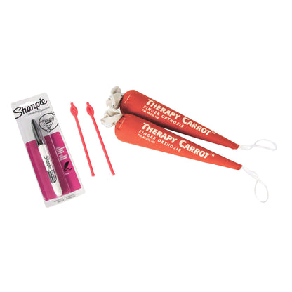 AliMed Original Therapy Carrot Hand Contracture Orthosis Kit includes carrot-shaped orthoses, two rubber picks, and a Sharpie.