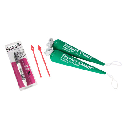The  Carrot Hand Contracture Orthosis Kit includes green carrot-shaped orthoses, two red tools, and a Sharpie pen.
