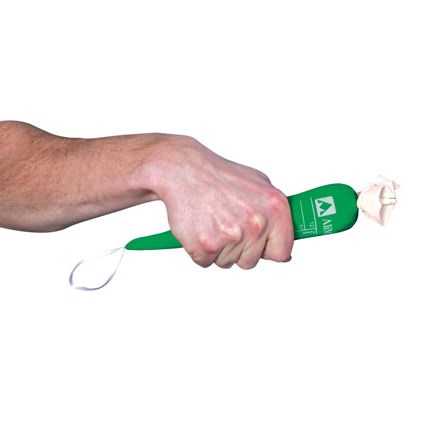 A hand grips the AliMed Original Therapy Carrot Hand Contracture Orthosis Kit, featuring a green handle and a white foam tip.