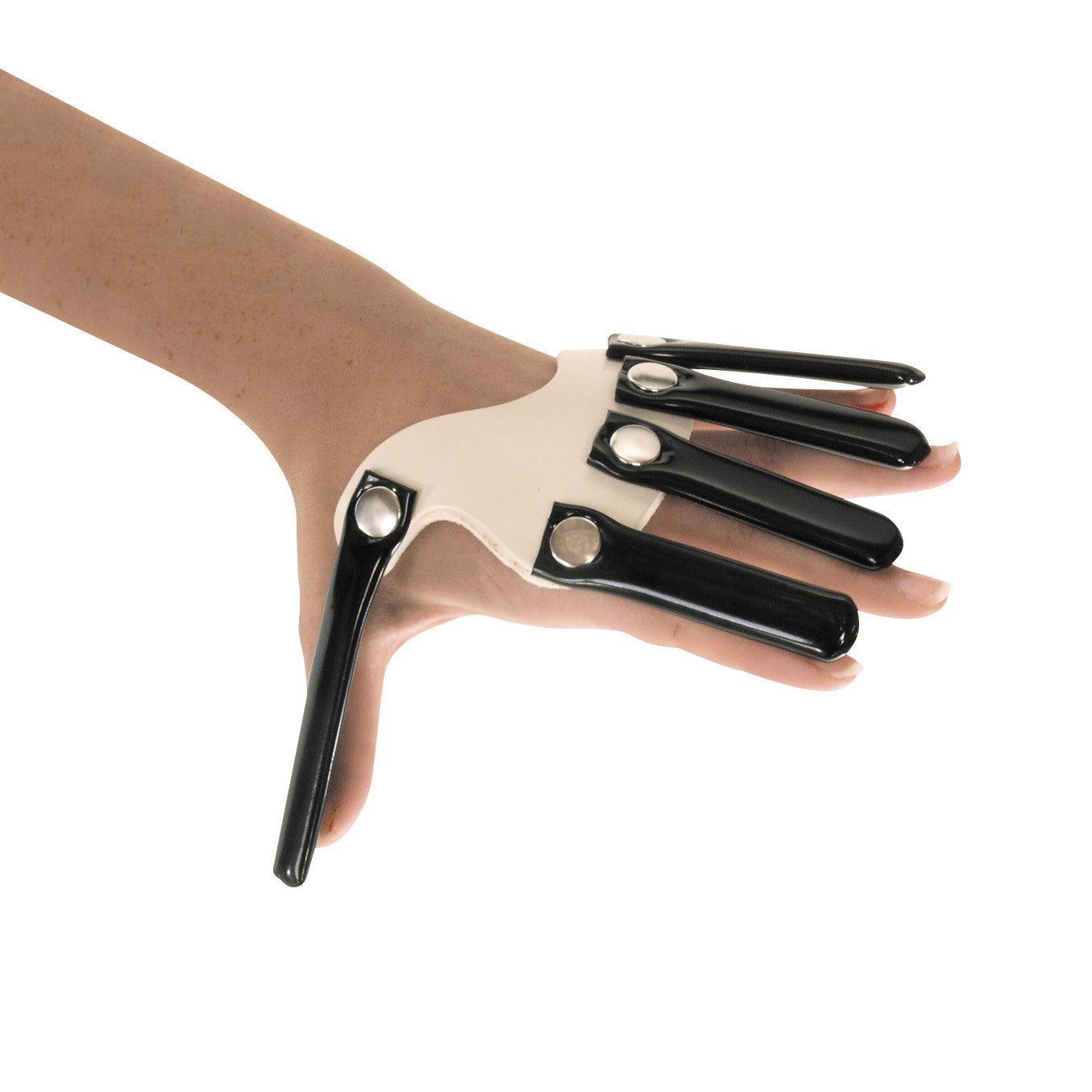 A person's hand is wearing the AliMed Hand-Based Radial Nerve Splint. It features black splints extending from a white base.