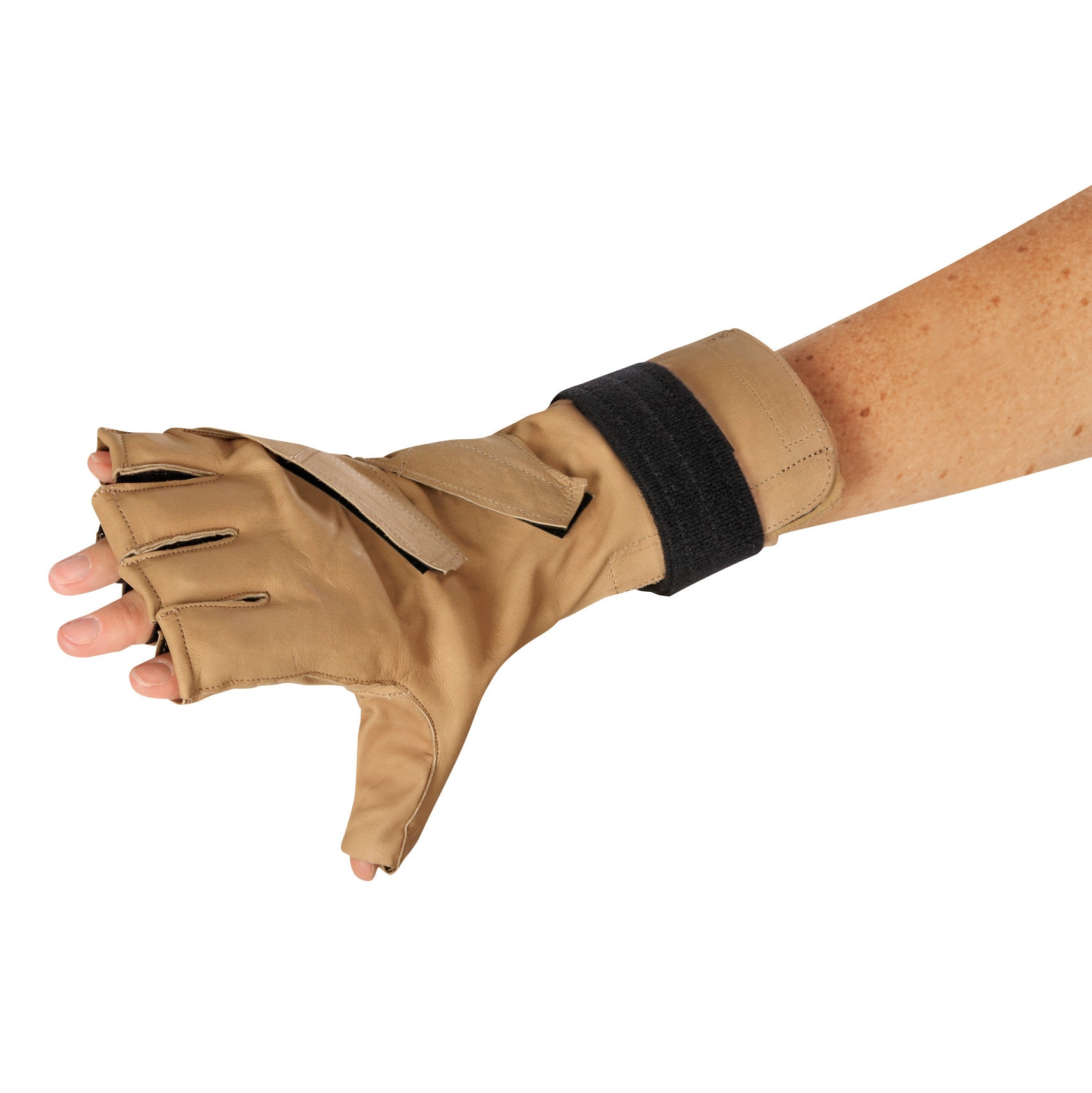 A tan AliMed Forearm-Based Radial Nerve Splint on an arm, featuring fingerless design and black strap for support.