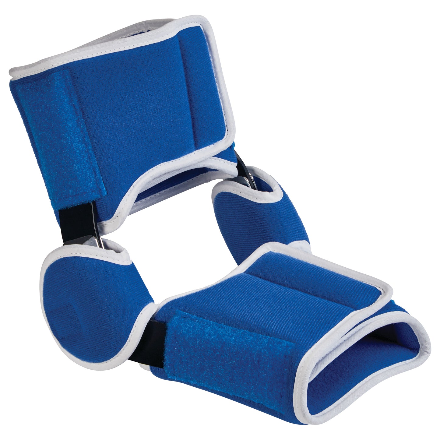 The AliMed Easy-On Elbow Brace is blue with white edges, designed for arm support, featuring adjustable straps for a secure fit.
