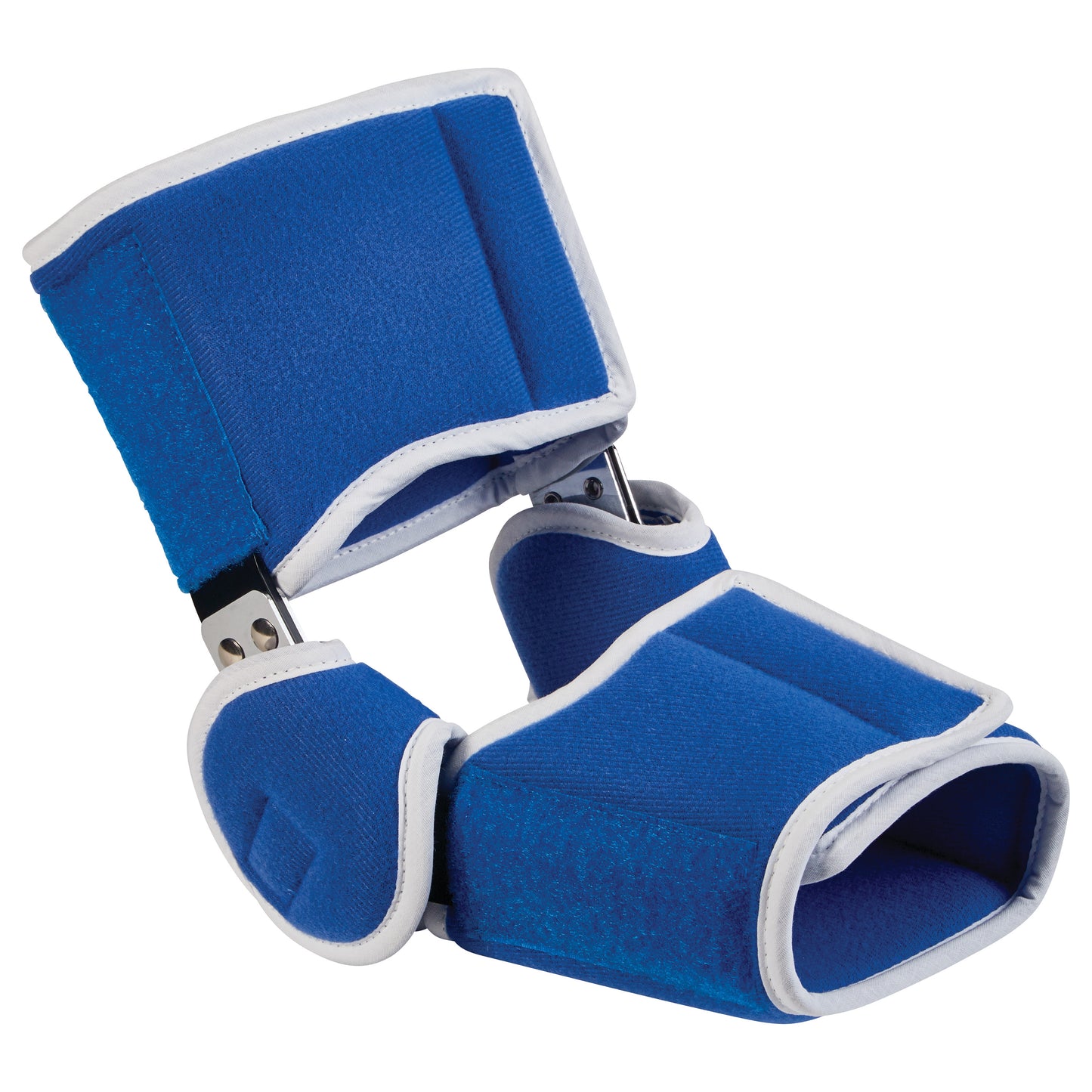 The image shows the AliMed Easy-On Elbow Brace, a blue padded orthopedic support designed for the elbow, with adjustable straps.