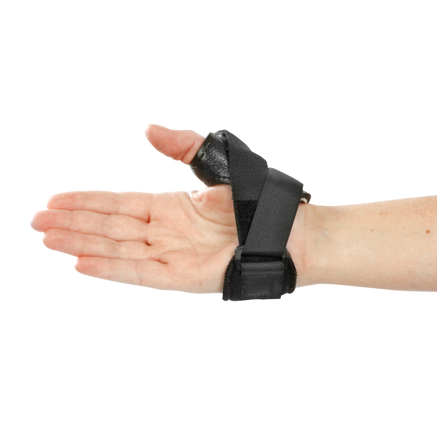 A person's hand is shown wearing the AliMed FREEDOM Thumb Stabilizer, with a black strap supporting the thumb.