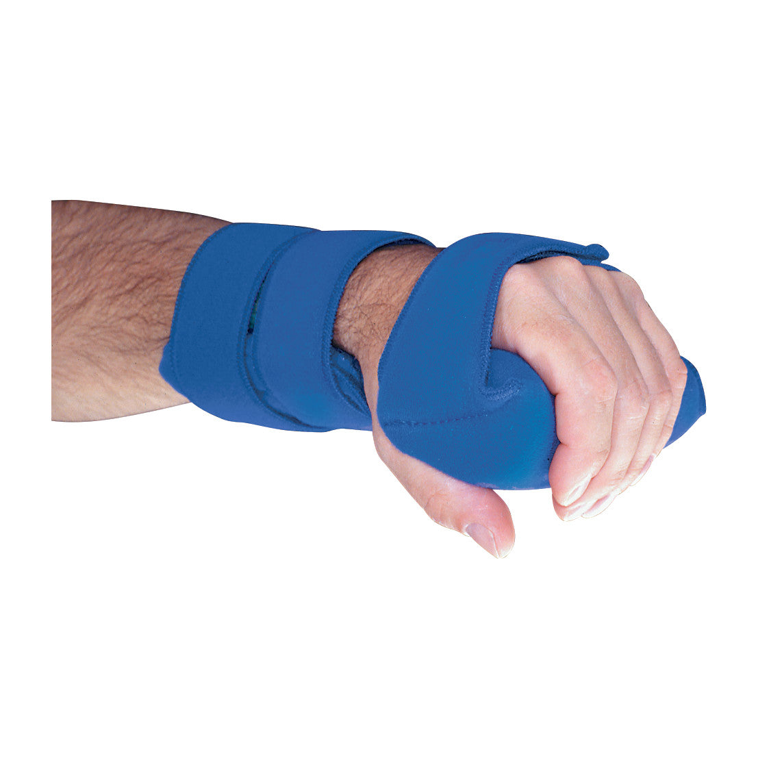 A person's hand wears an AliMed Grip Splint, a blue fabric splint designed for support and stabilization.