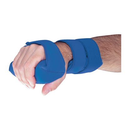 A hand wearing a blue AliMed Grip Splint, secured with two straps, supporting the wrist and fingers in a clenched position.
