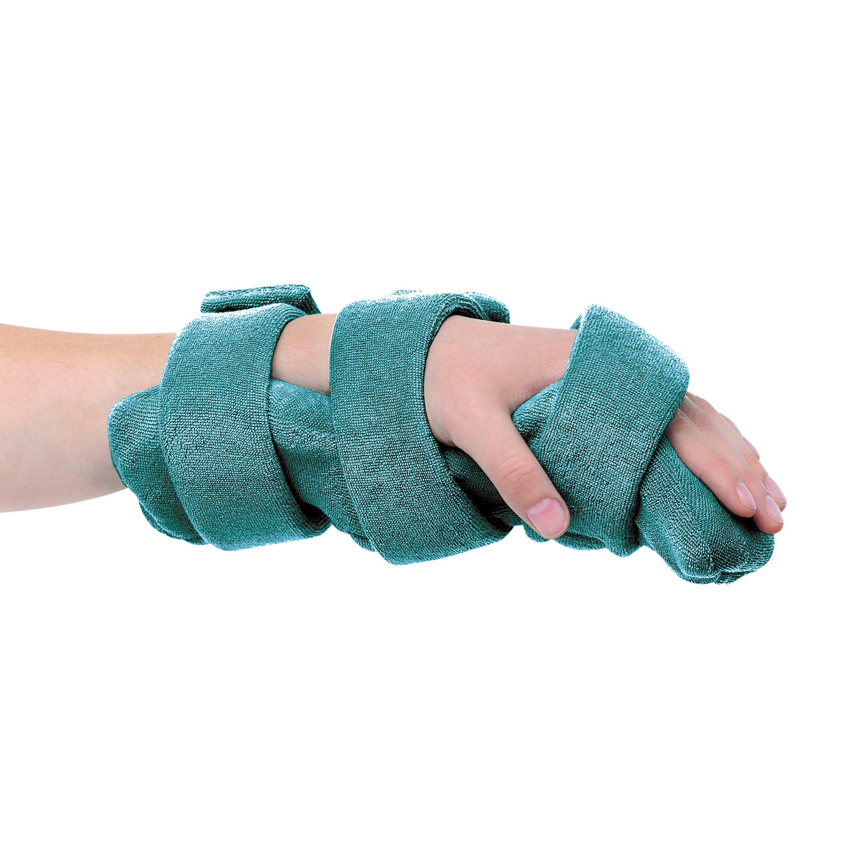A hand wearing the Comfy Splints Pediatric Hand/Wrist Orthosis with teal straps wrapped securely for support.