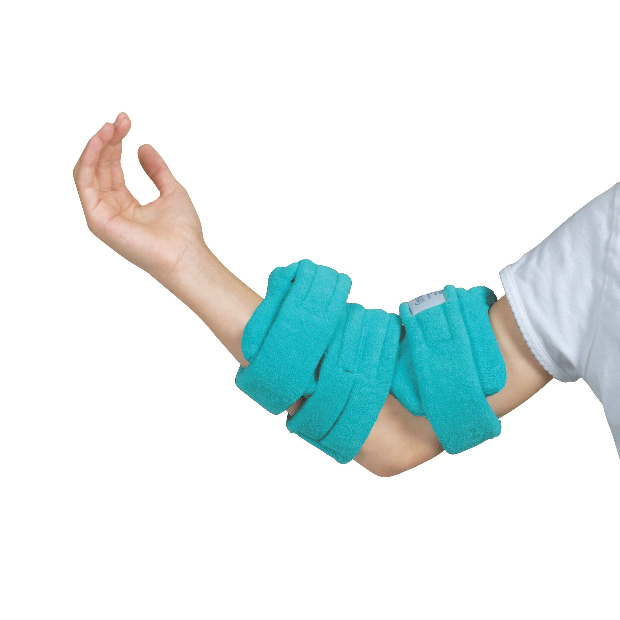 A person's arm wearing the Comfy Splints Pediatric Standard Elbow Orthosis, featuring turquoise padded supports and fasteners.