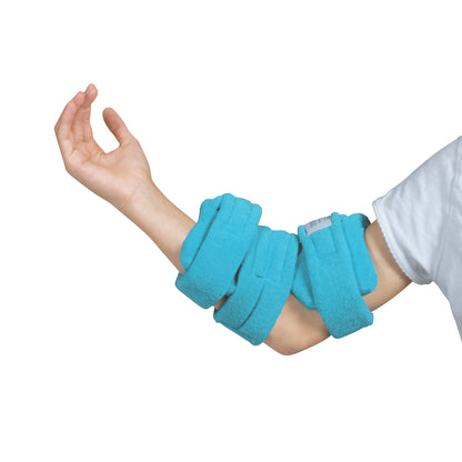 A person wearing a Comfy Splints Pediatric Standard Elbow Orthosis in teal, featuring adjustable straps for arm support.