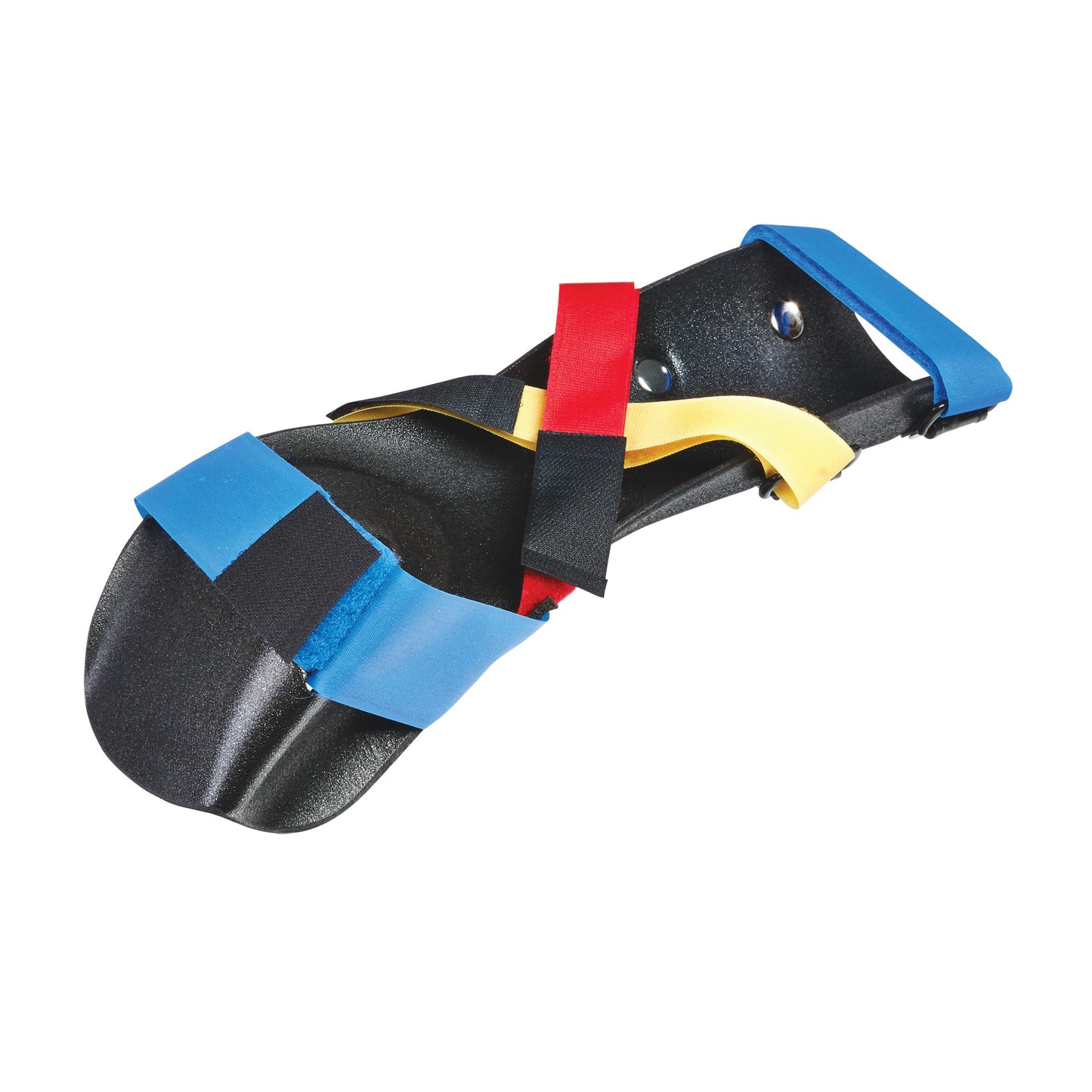 AliMed AliLite Functional-Position Hand Splint with blue, red, and yellow straps designed for hand support and positioning.