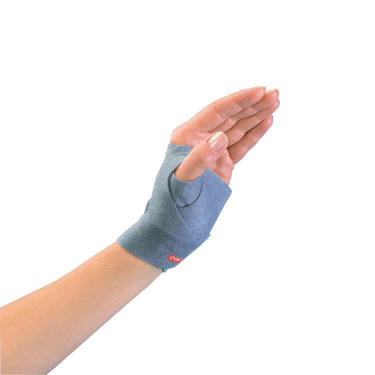 A hand wearing a 3pp ThumSling Thumb Splint, made of gray fabric, with fingers slightly bent. The splint provides thumb support.