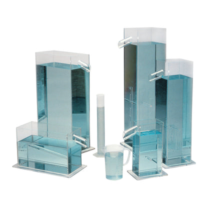 The Baseline Volumeter Set consists of transparent containers with blue liquid and a measuring cup for volume assessment.