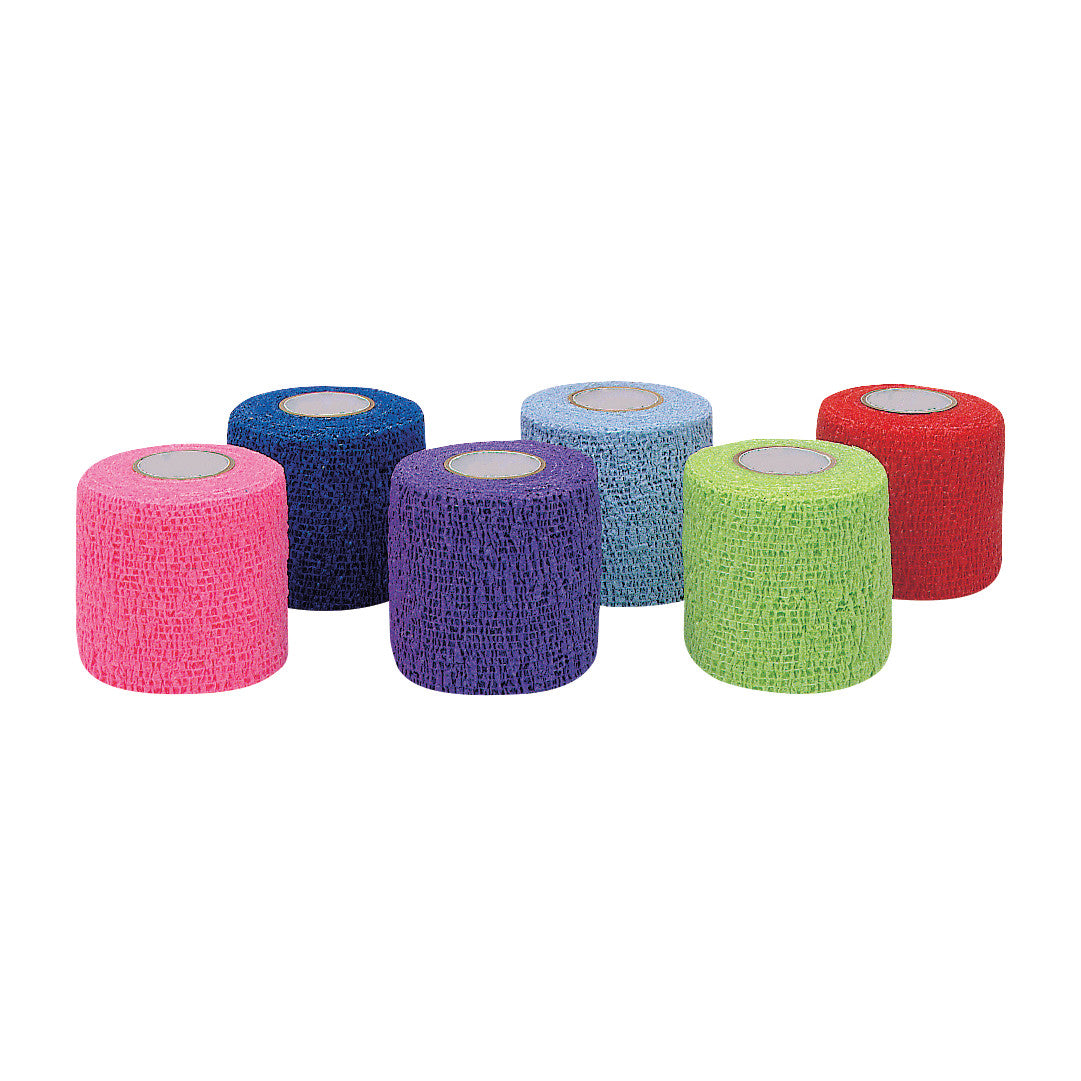 CoFlex LF2 Flexible Cohesive Bandages in six colors: pink, blue, light blue, purple, green, and red, arranged in two rows of three.