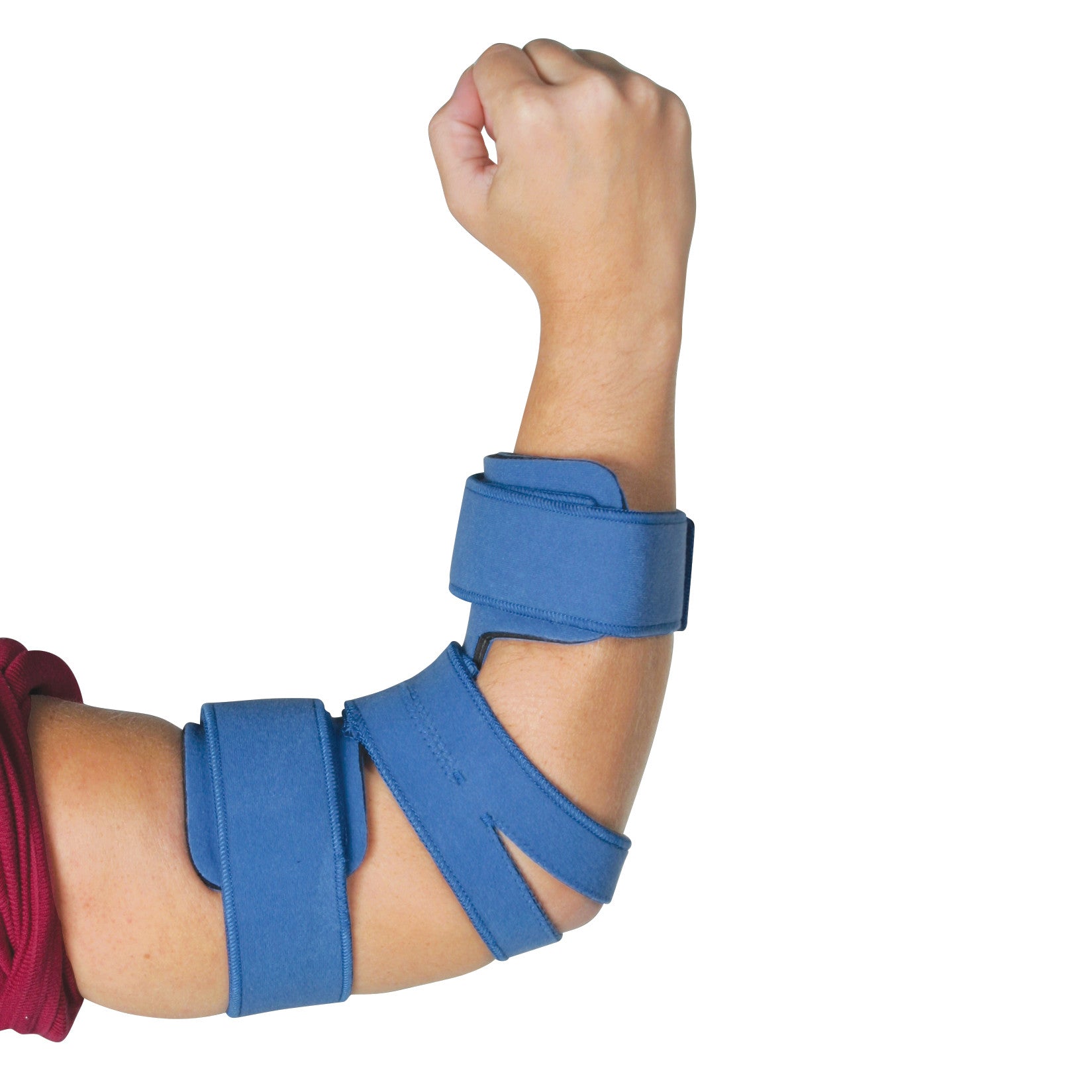 A raised arm wearing a blue Comfy Splints Adult Standard Elbow Orthosis with adjustable straps for support and immobilization.