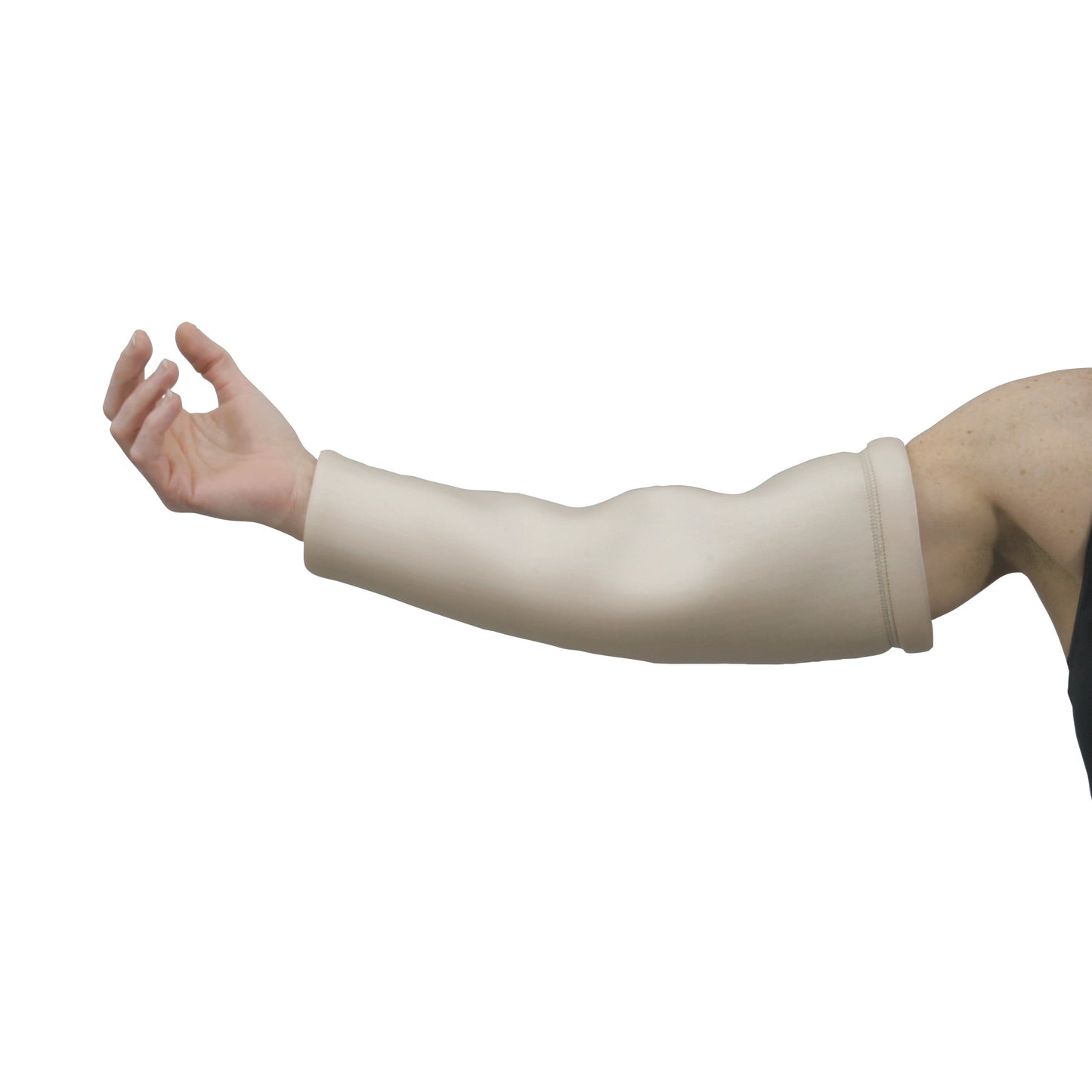 An arm wearing a DermaSaver Double Elbow Arm Tube, designed for skin protection, extending from upper arm to wrist.