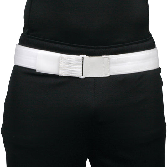 A person wearing black pants with an AliMed SI Belt, featuring a wide, white elastic band around the waist with adjustable fastening.