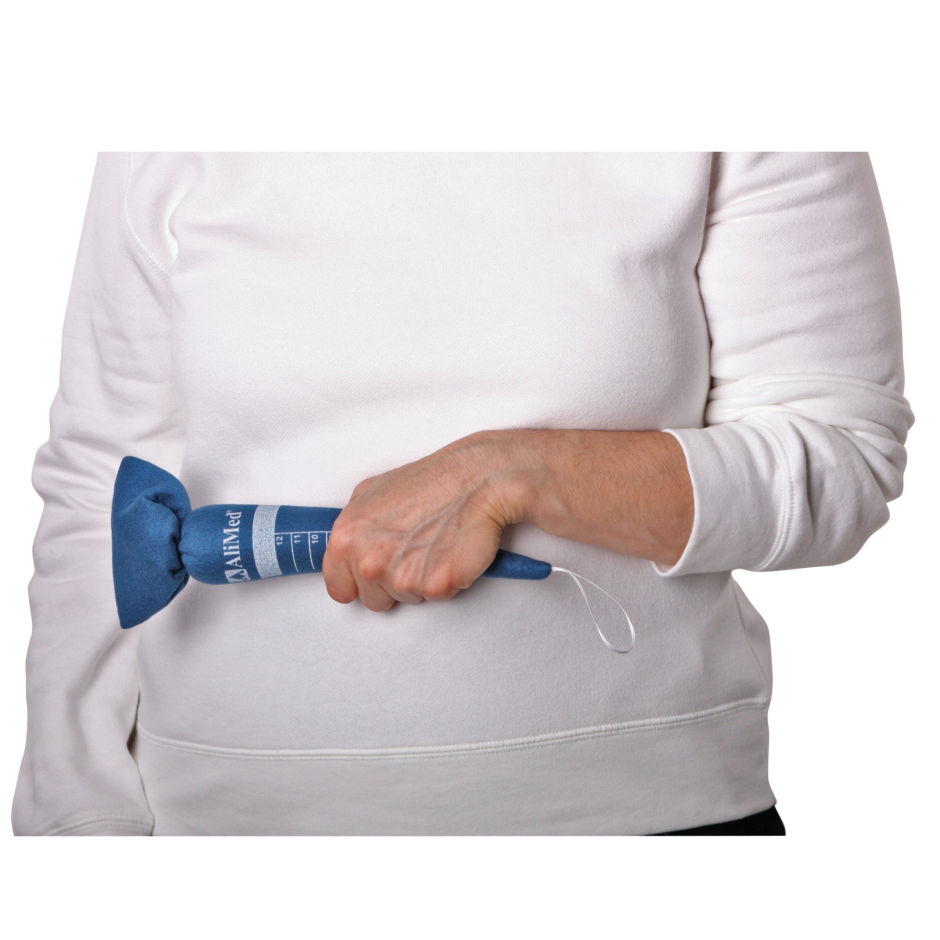 A person in a white shirt holds a Replacement Carrot for AliMed Antimicrobial-Treated Blue Therapy Carrot Hand Contracture Orthosis Kit.