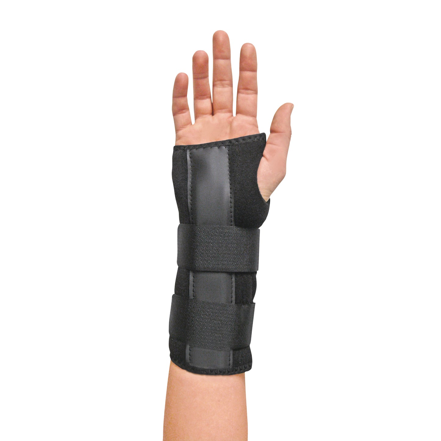 A person's hand and forearm are shown wearing an Econo Wrist Support with several adjustable straps for stabilization.