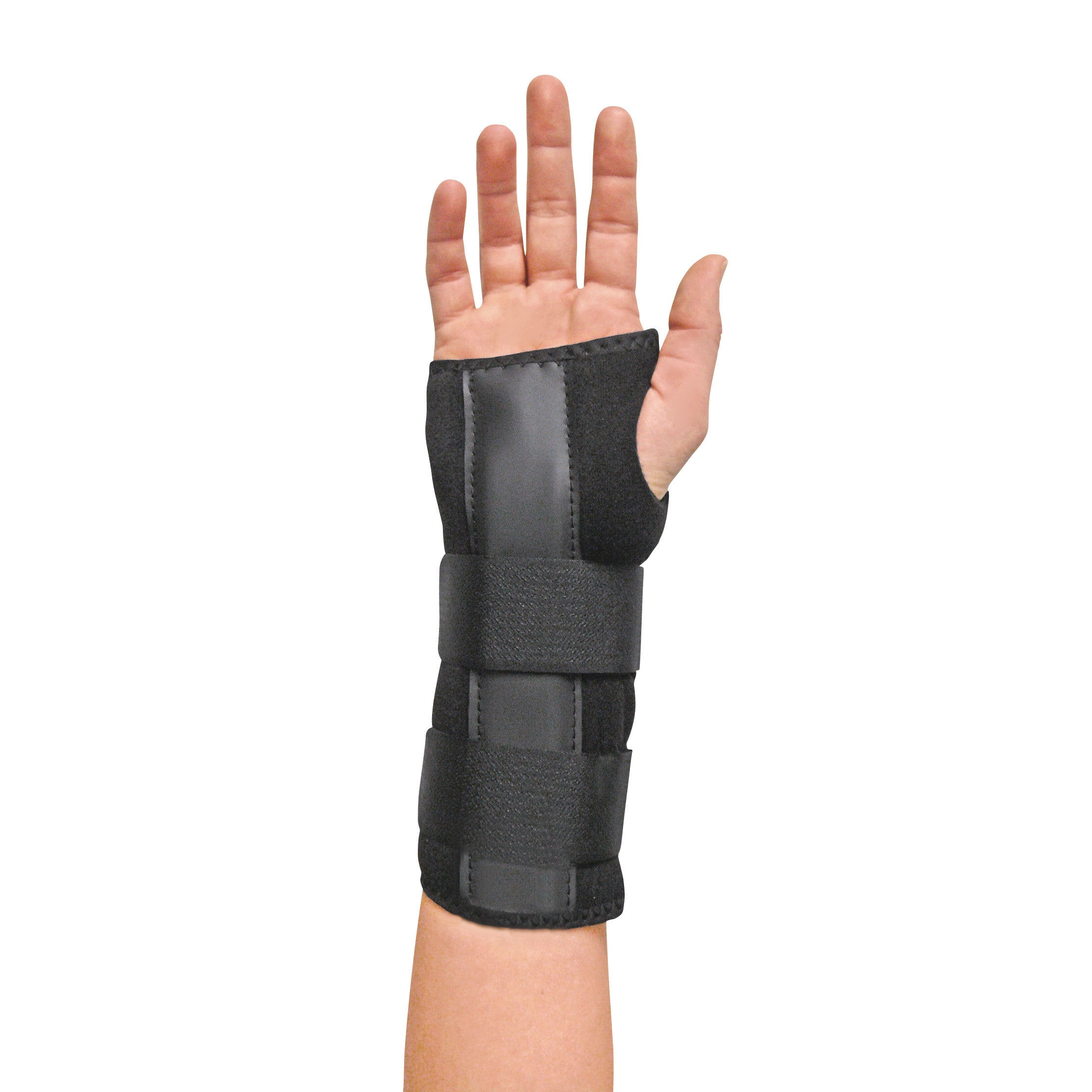 A person's hand and forearm are shown wearing an Econo Wrist Support with several adjustable straps for stabilization.