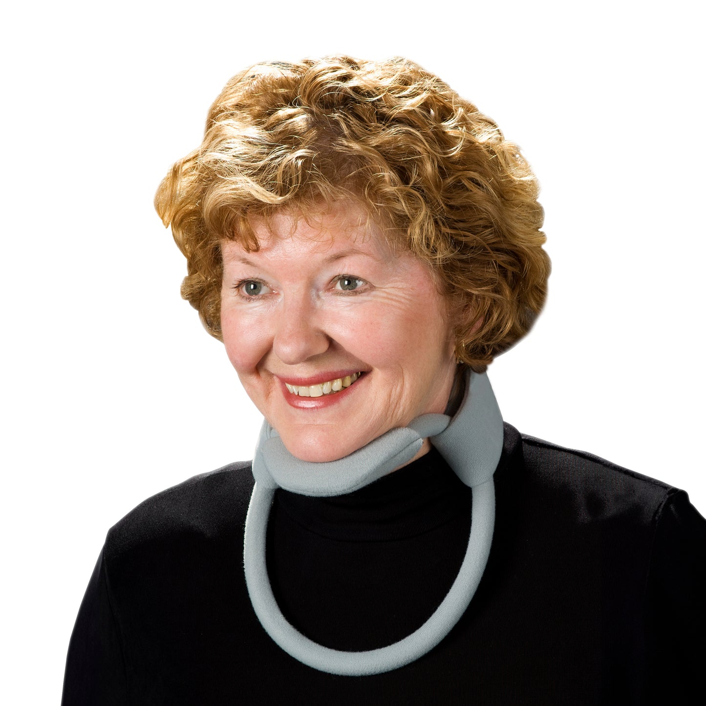 A woman wears a Headmaster Collar, a neck brace designed for support.