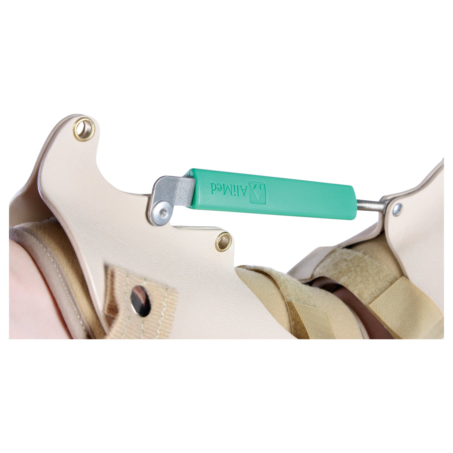 The AliMed Elbow Turnbuckle Orthosis with a green handle is shown fitted on an arm, secured with adjustable fasteners.