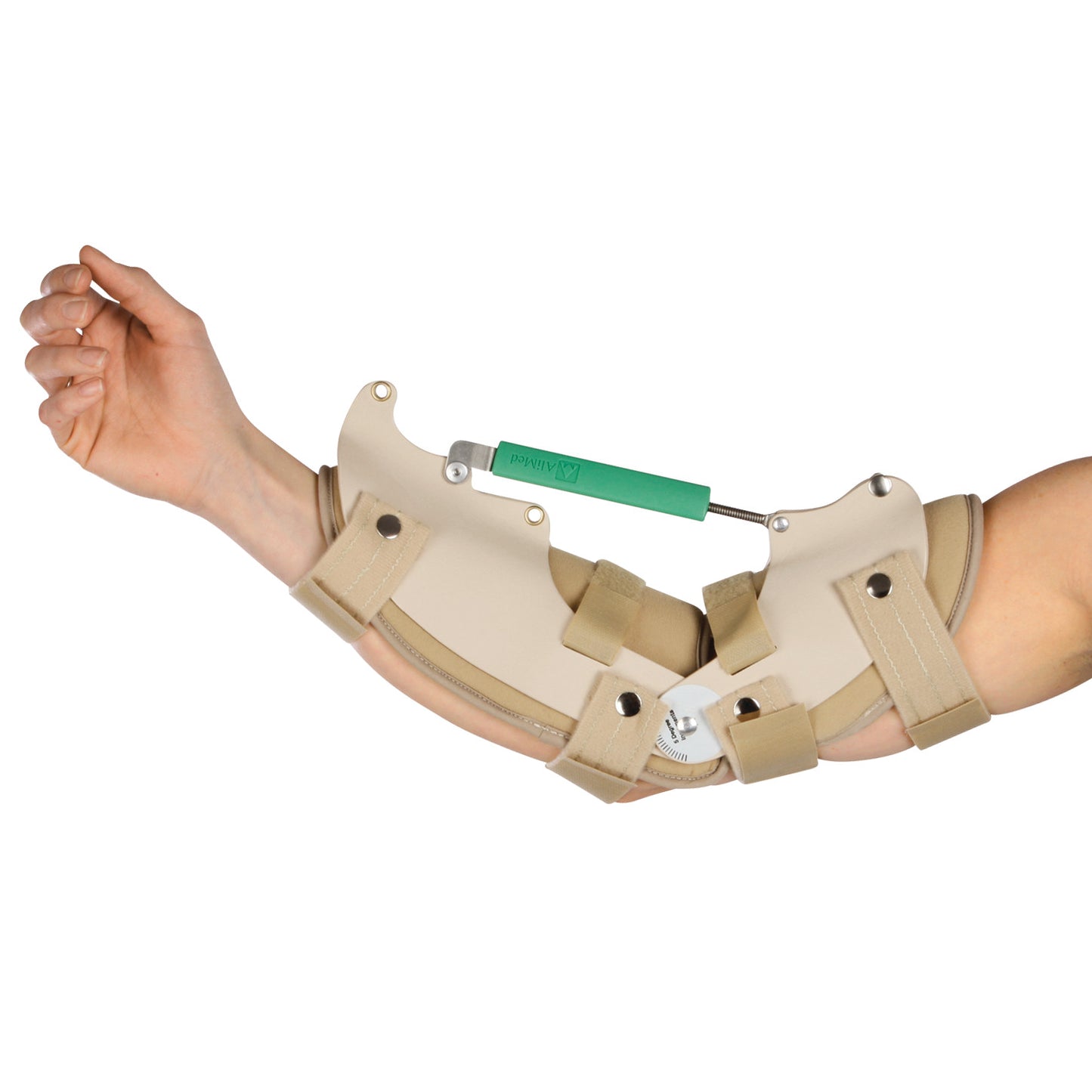 A person's arm is wearing the AliMed Elbow Turnbuckle Orthosis, a beige adjustable brace with straps and a green turnbuckle.