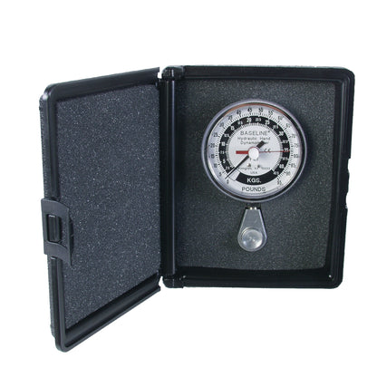 The Baseline Hydraulic Pinch Gauge is in an open black case, displaying a dial measuring pressure in kilograms and pounds.