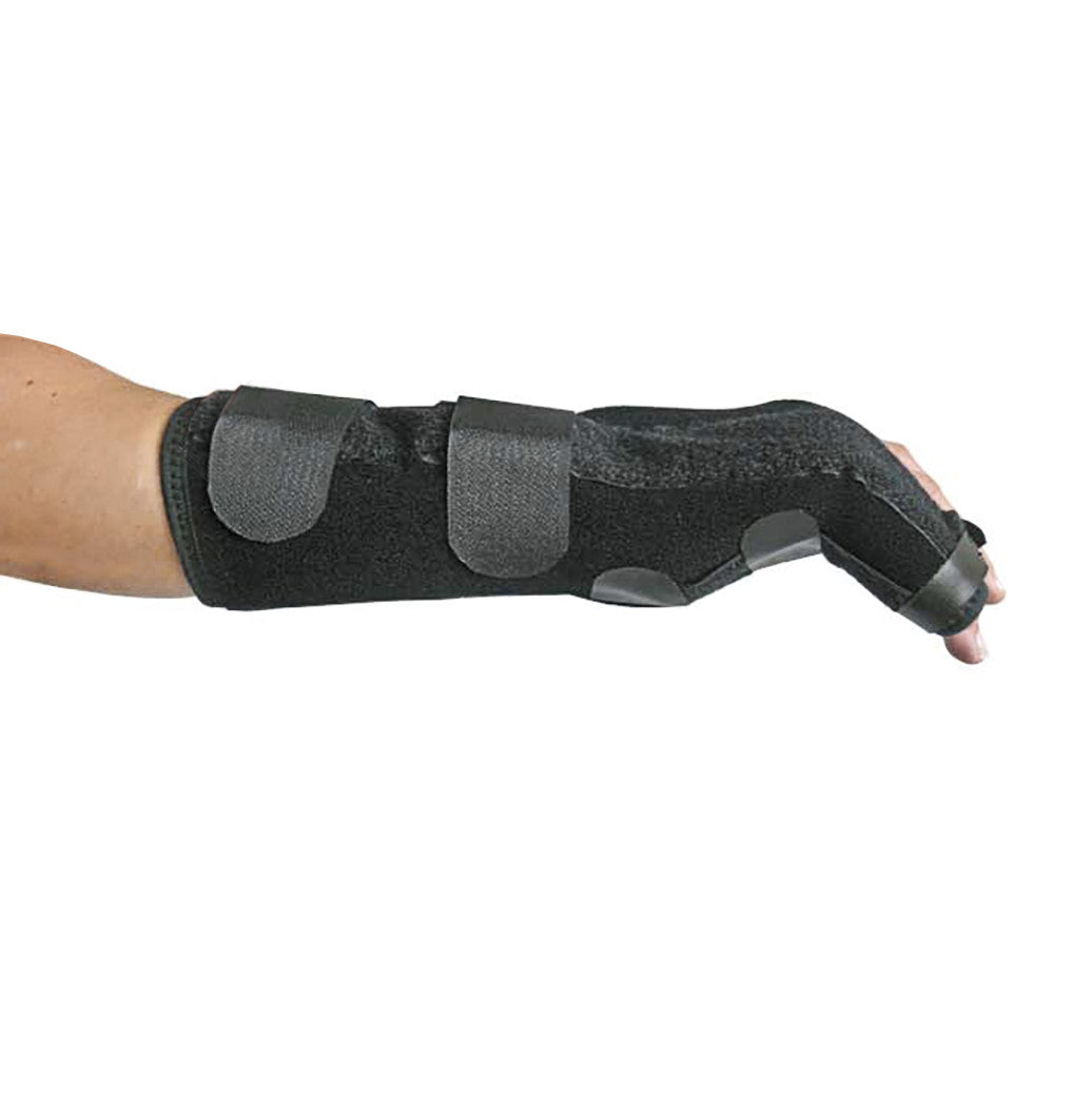 An arm wearing an EZY Wrap Boxer Fracture Brace with black straps, supporting the wrist and thumb, showing a medical support device.