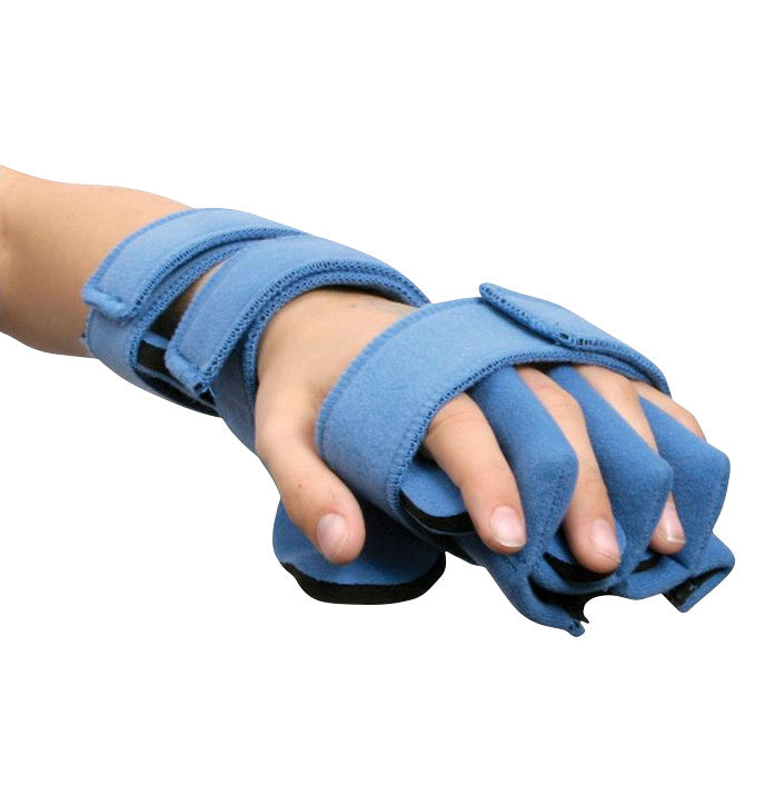 A child's hand is fitted with a blue Comfy Splints Pediatric Hand/Wrist Separate Finger Orthosis, secured with straps.