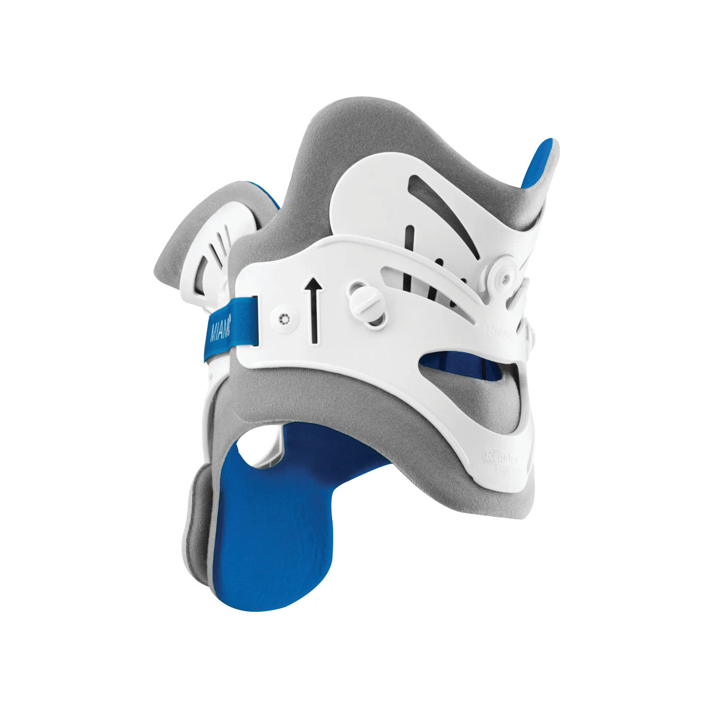 A Miami Jr. Cervical Collar with a blue, white, and gray design, featuring adjustable straps and padding for neck support.
