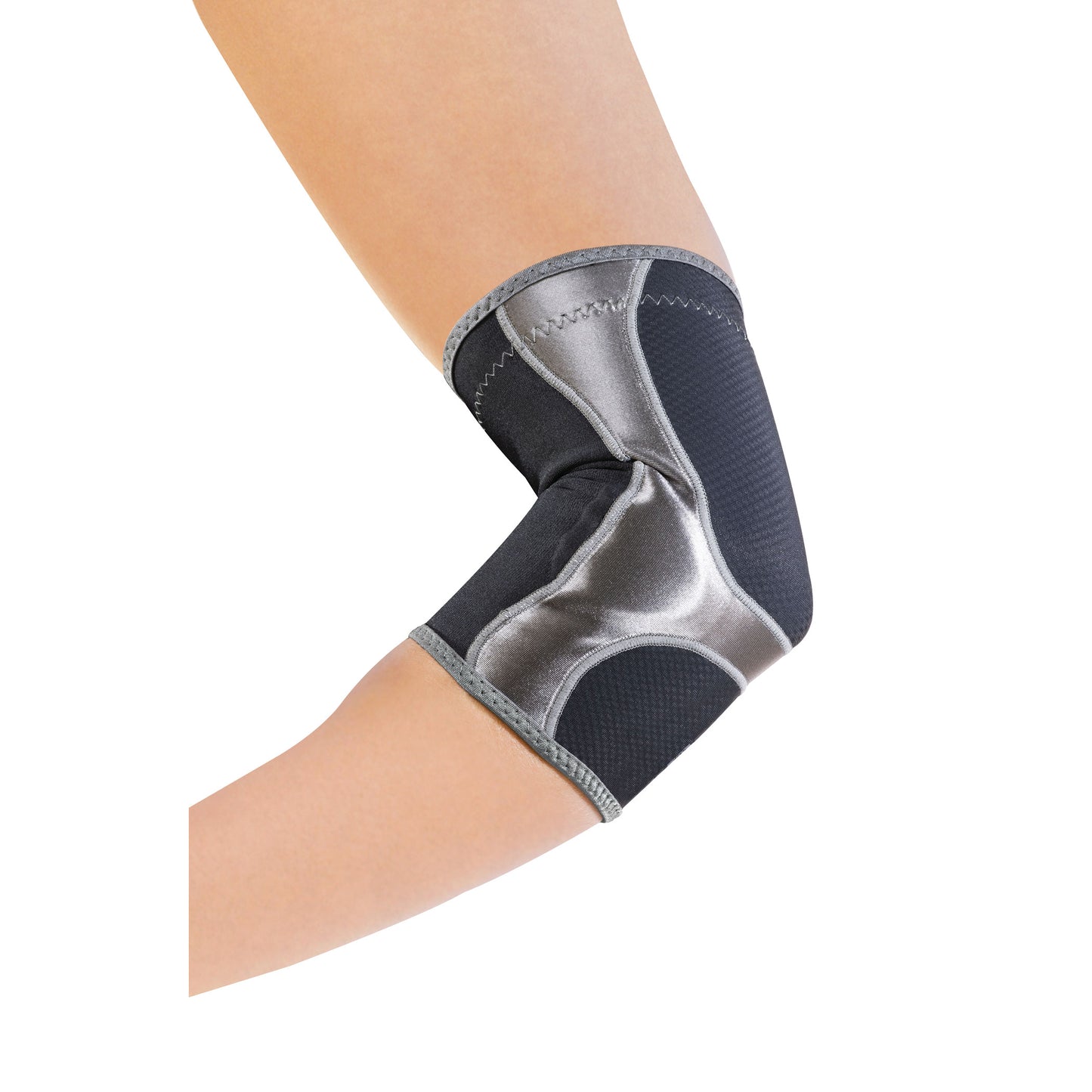 A person wearing the Mueller Hg80 Elbow Support, featuring black and gray material with detailed stitching for joint support.