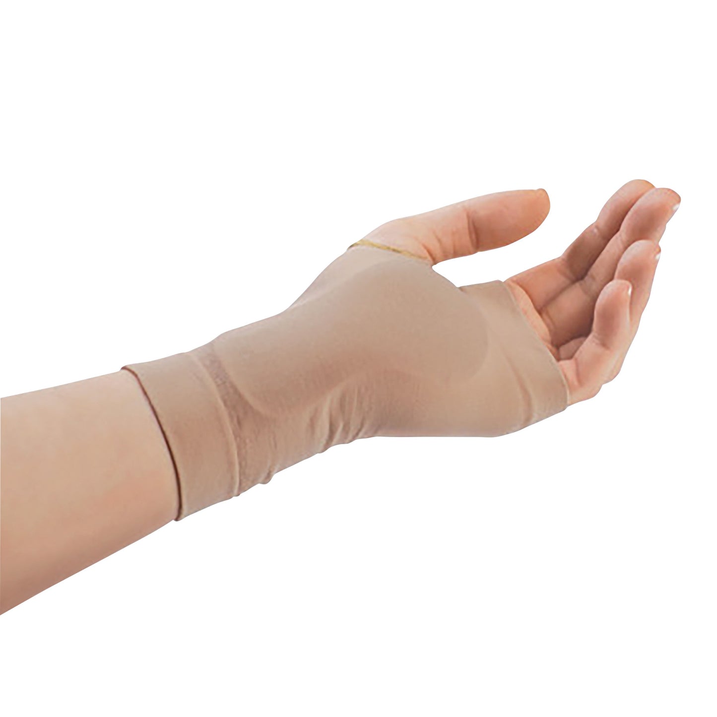 A hand wearing a beige PediFix Visco-GEL Carpal Tunnel Relief Sleeve offering wrist and thumb support.