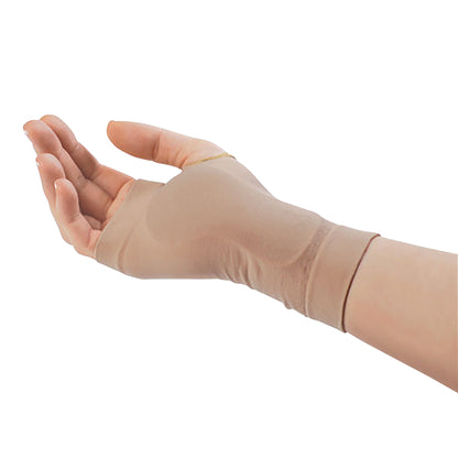 A hand wearing a beige PediFix Visco-GEL Carpal Tunnel Relief Sleeve, showing open palm and wrist support.