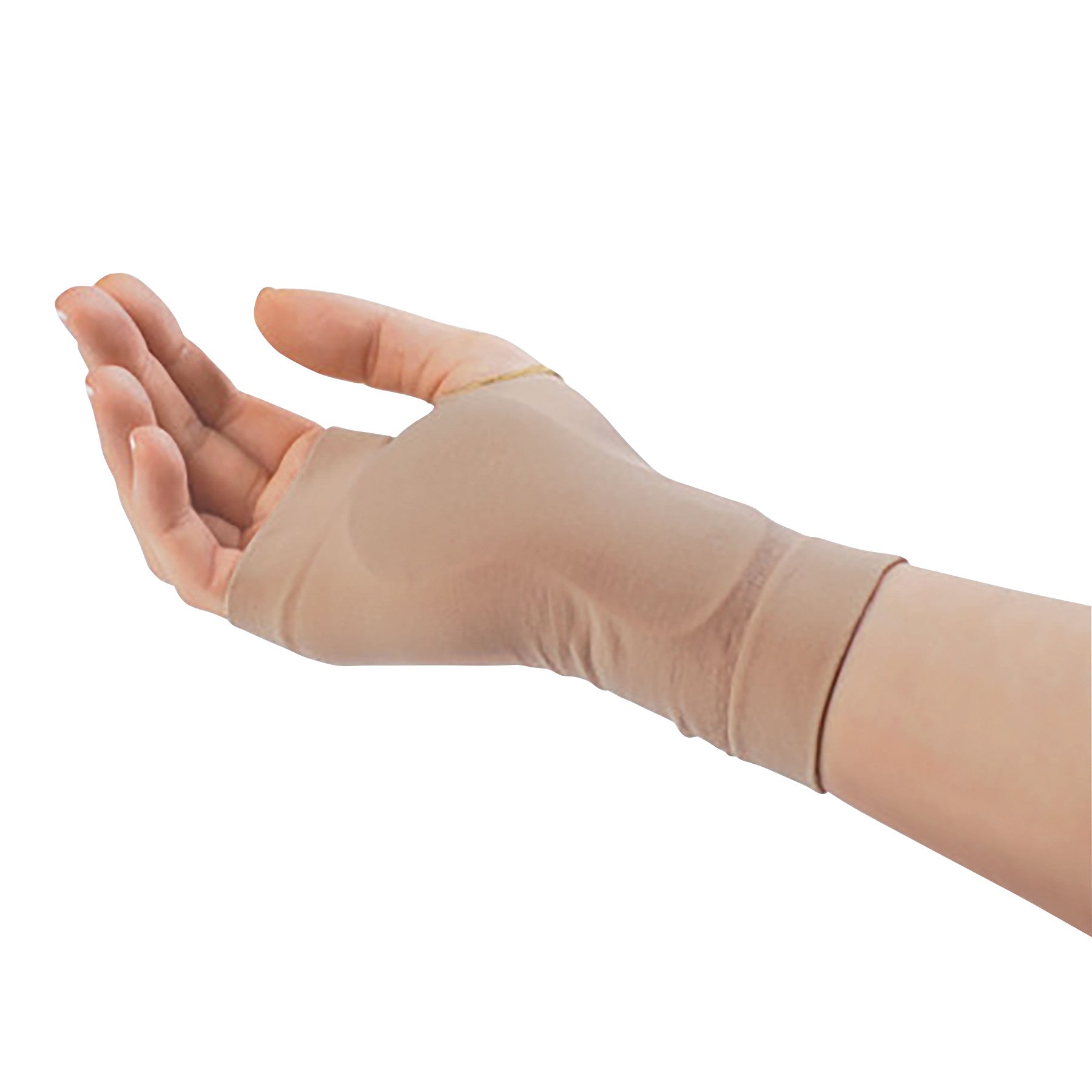 A hand wearing the PediFix Visco-GEL Carpal Tunnel Relief Sleeve, designed to provide support and comfort in a beige color.