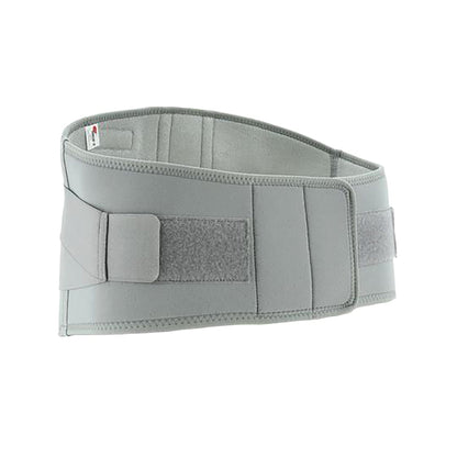 Swede-O Thermal Lumbar Support in light gray with adjustable straps and a wide band designed for back support.