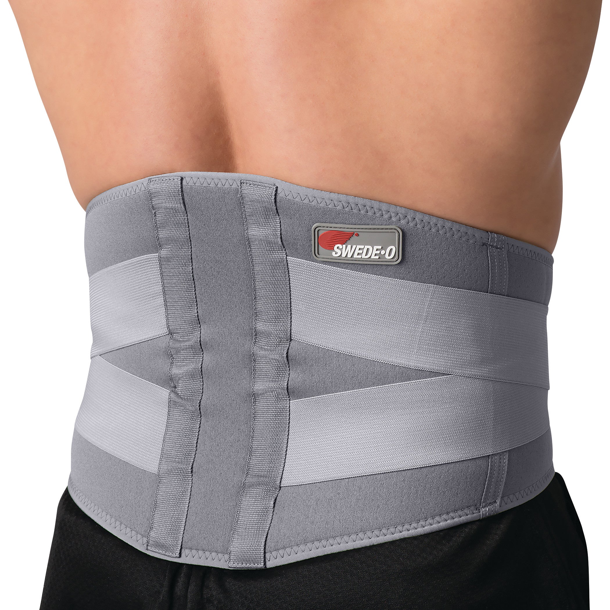 A person wears a gray Swede-O Thermal Lumbar Support around the lower back, featuring elastic straps and a logo patch.