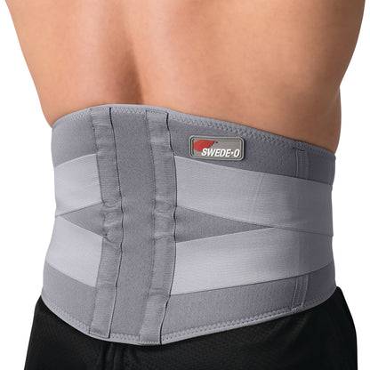 A person wears a gray Swede-O Thermal Lumbar Support around the lower back, featuring elastic straps and a logo patch.