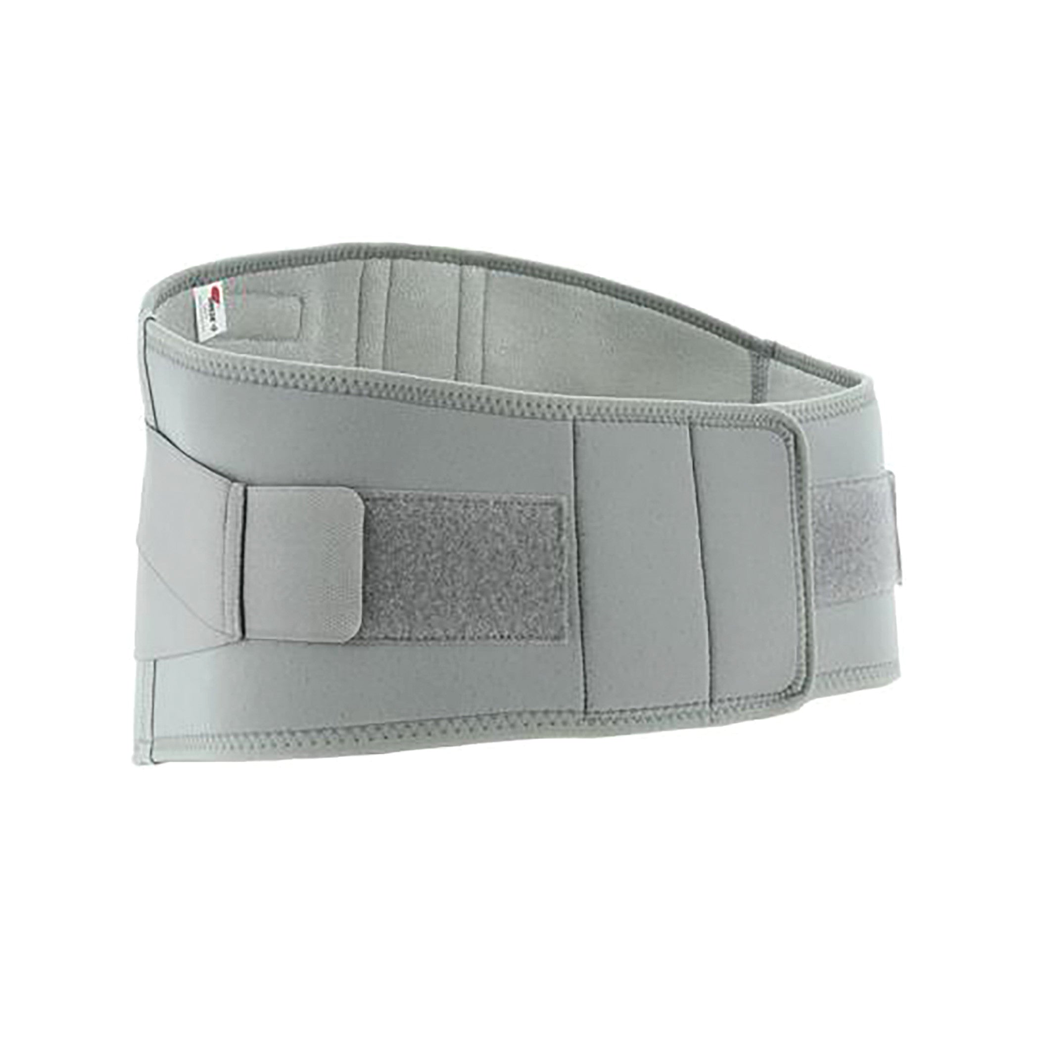 A Swede-O Thermal Lumbar Support, a gray back brace with adjustable straps for support and compression.