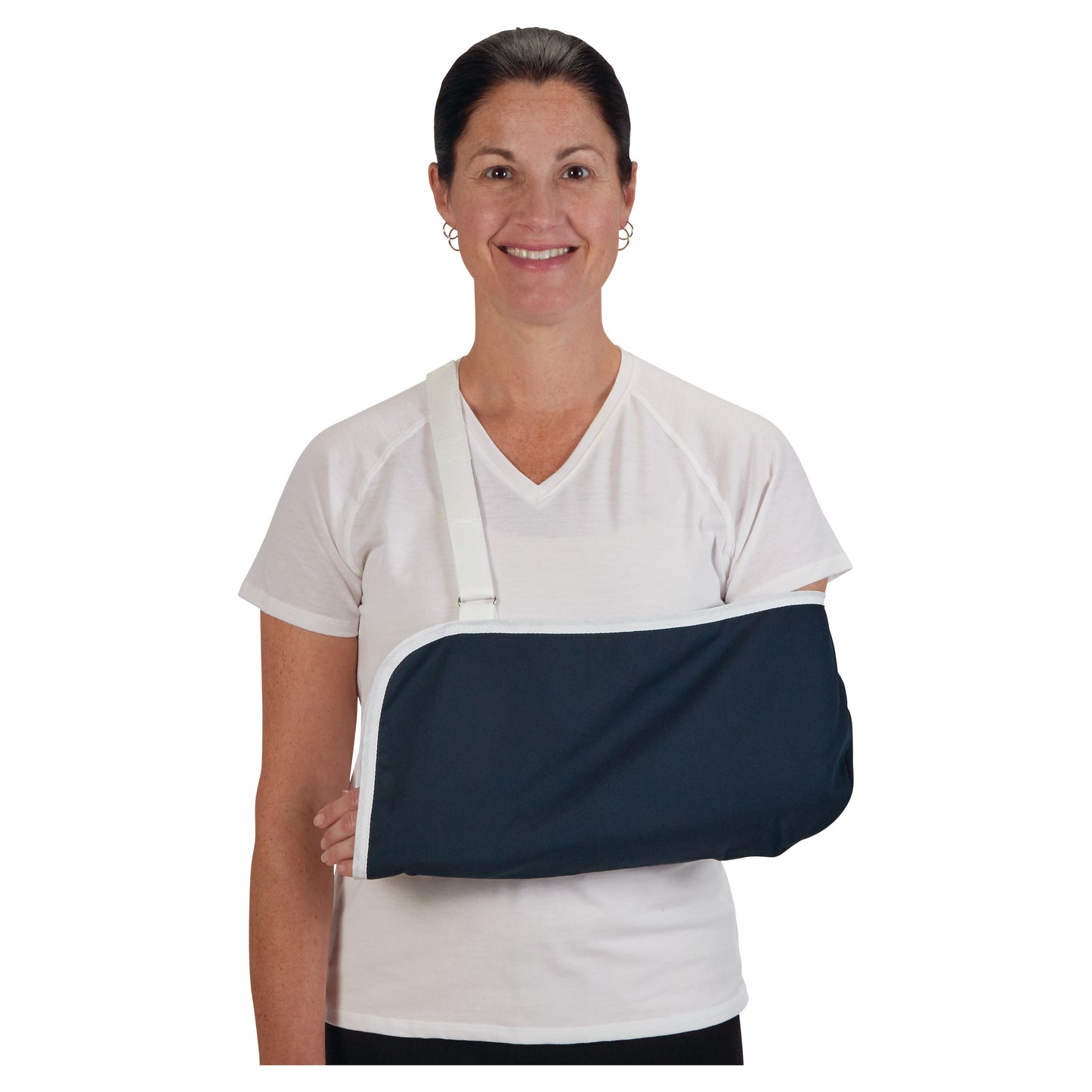 A person wearing an AliMed Universal Envelope Style Arm Sling, featuring a navy blue sling with a white strap.