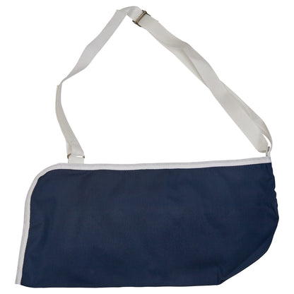 AliMed Universal Envelope Style Arm Sling with a blue body and white strap designed for supporting an injured arm.