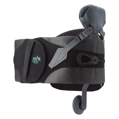 The Peak Adjustable Scoliosis Bracing System features a black mesh design with adjustable straps and padding for spinal support.