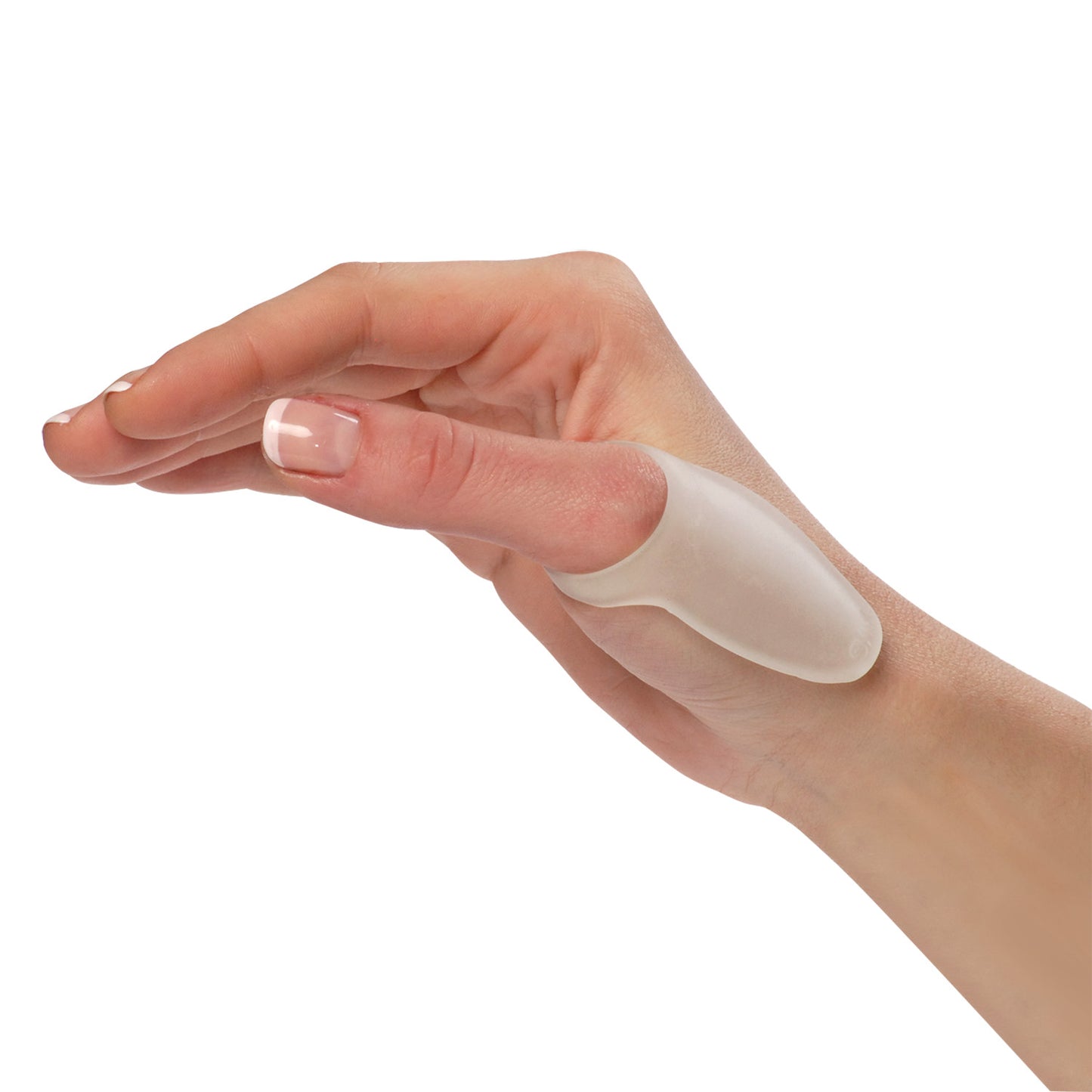 A hand wearing a PediFix Visco-GEL Thumb Protector, a translucent gel covering designed to protect the thumb.