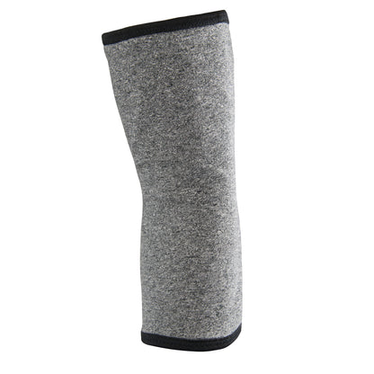 The Brownmed IMAK Compression Arthritis Elbow Sleeve is shown, featuring a grey textured fabric with black trim edges.