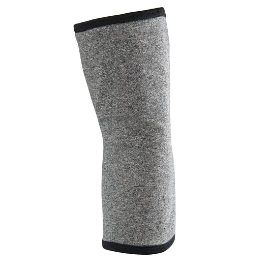 The Brownmed IMAK Compression Arthritis Elbow Sleeve is shown, featuring a grey textured fabric with black trim edges.