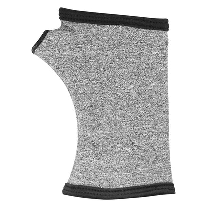 Gray fabric sleeve with black trim designed for wrist support, labeled as Brownmed IMAK Compression Arthritis Wrist Sleeve.