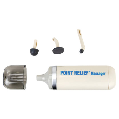 Point Relief Massager with three interchangeable attachments and a removable cover, designed for targeted pain relief therapy.