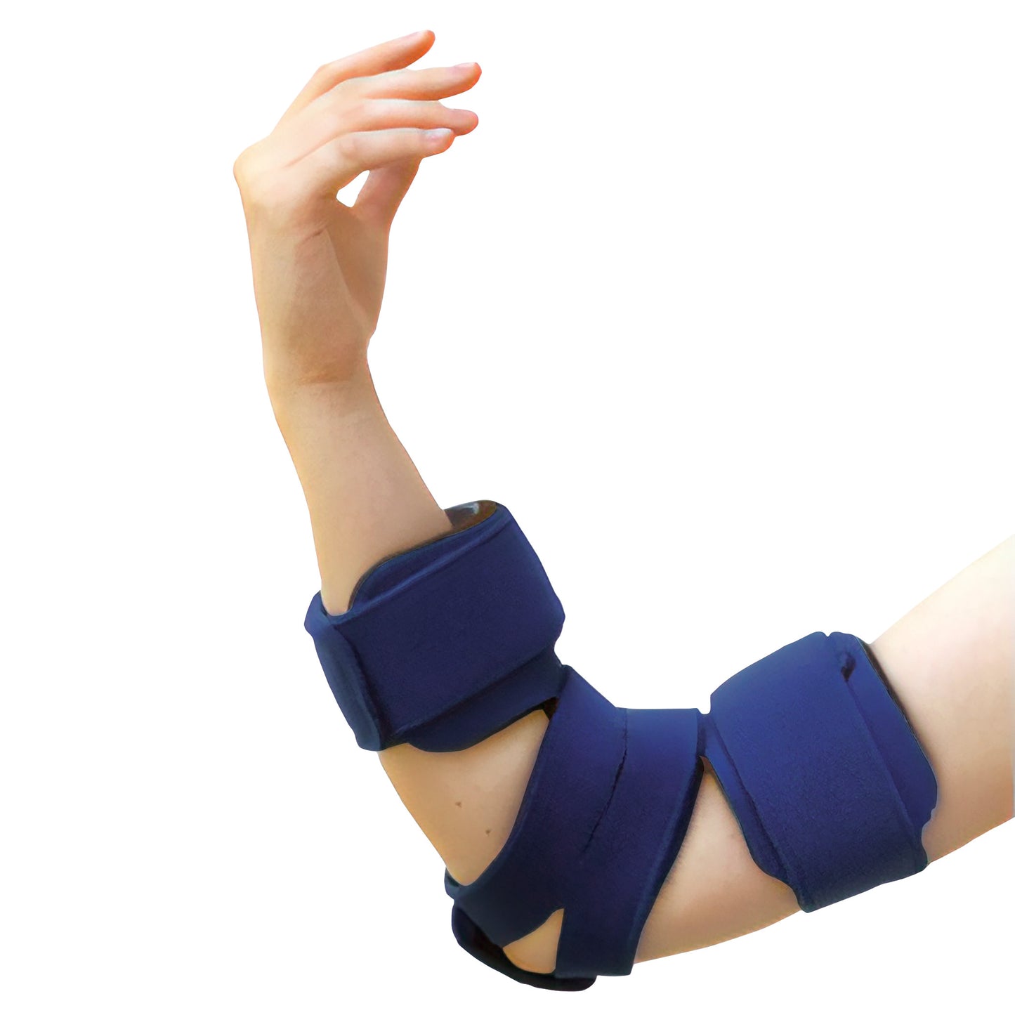 A person's arm wears a Comfy Splints Adult Goniometer Elbow Orthosis, with blue padding and straps, supporting the elbow.