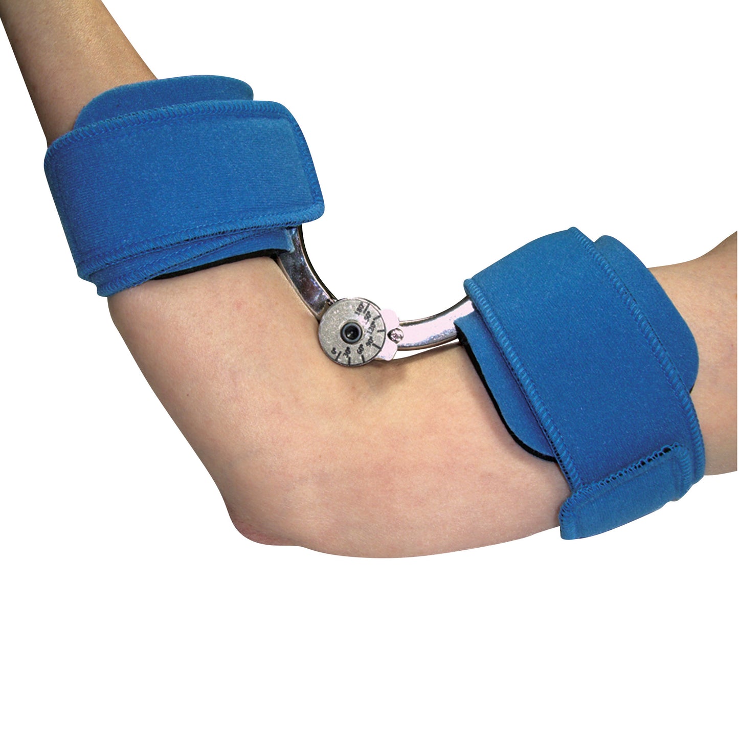 A person wearing a Comfy Splints Adult Goniometer Elbow Orthosis with blue padded straps and an adjustable metal hinge.